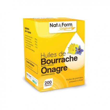 Huile de Bourrache et Onagre Nat & Form 200 capsules - Peau saîne