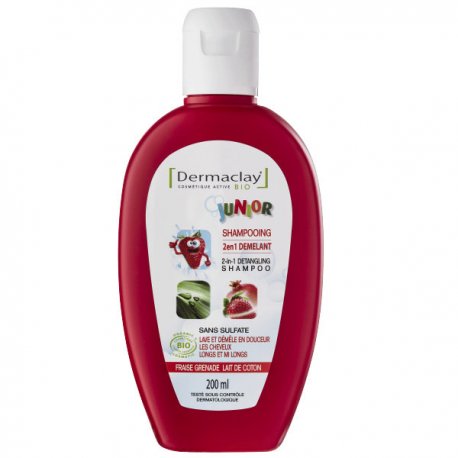 Shampooing bio 2 en 1 démêlant junior enfant fraise grenade Dermaclay 200ml